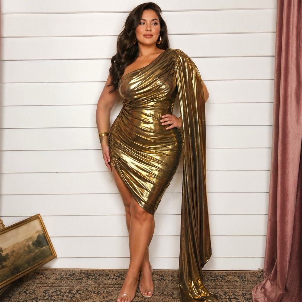 ELLAE LISQUE Gold Draped Ruched Bodycon Party Dress Size 1X